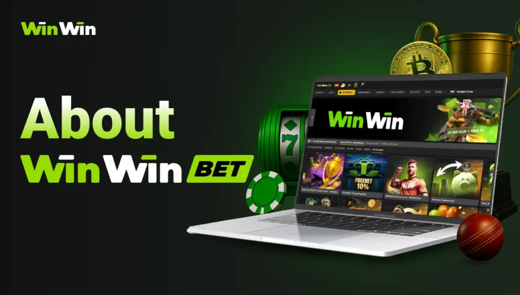 Black background with right-side green glow, gradient title “About WinWin” on the left, open laptop showing the official WinWinBet website on the screen, behind the laptop 3D green icons of slot machine, bitcoin, golden trophy, and cricket ball.
