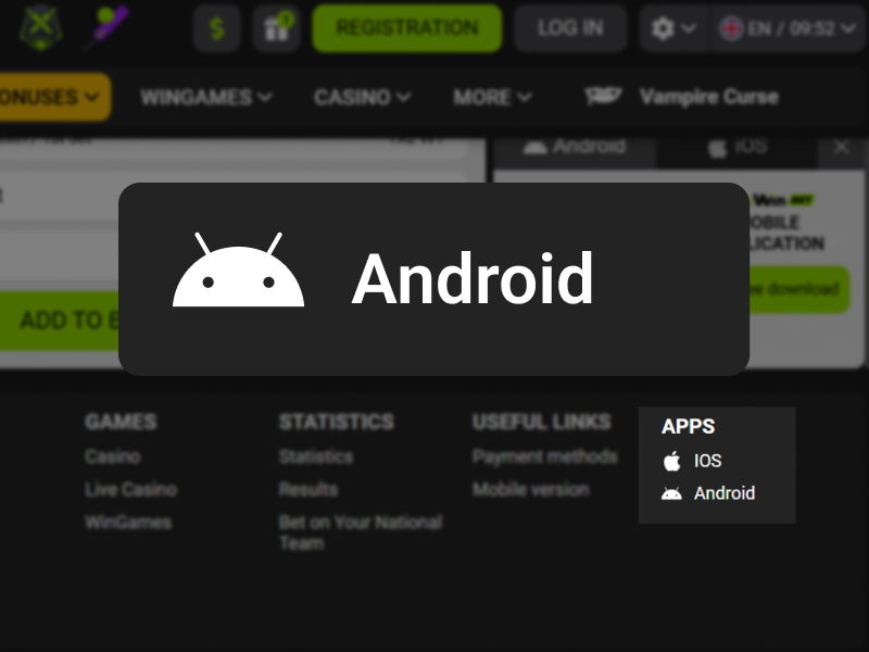WinWinBet website Apps section with Android icon highlighted, step 2.