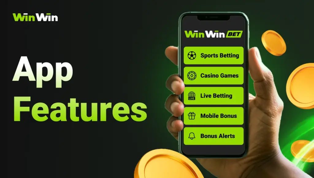 Dark-skinned hand holding a smartphone showing main app features list: Sports Betting, Casino Game Access, Live Betting, Promotions, Bonus Alerts; black background with green glow on the right and gradient title “App Features” on the left.