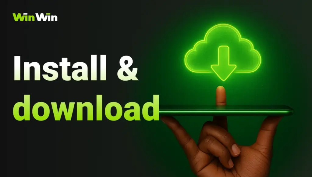 Dark-skinned hand holding a smartphone, above it floating download icon with downward arrow, black background with right-side green glow and gradient title “Install & Download” on the left.