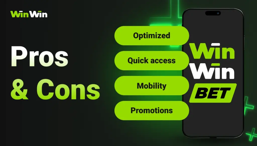 Smartphone with platform logo on the screen, to the left cards showing advantages: optimized, quick access, mobility, promotions; black background with green glow on the right and gradient title “Pros and Cons” on the left.