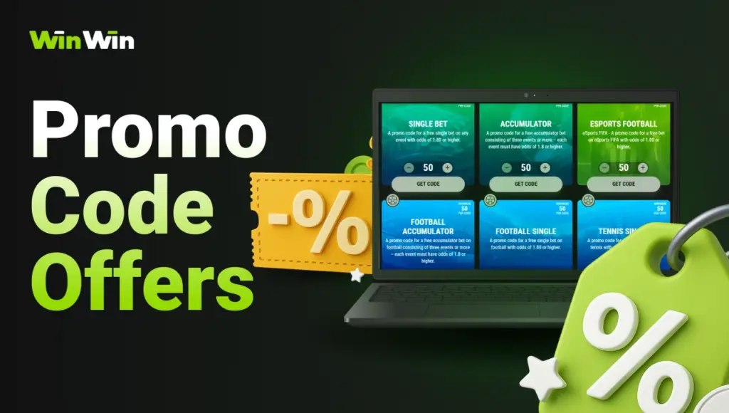 Black background with right-side green glow, gradient title “Promo Code Offers” on the left, open laptop showing official WinWinBet website with listed promo codes, in front 3D promo code icon, behind the laptop a large yellow promo code icon.