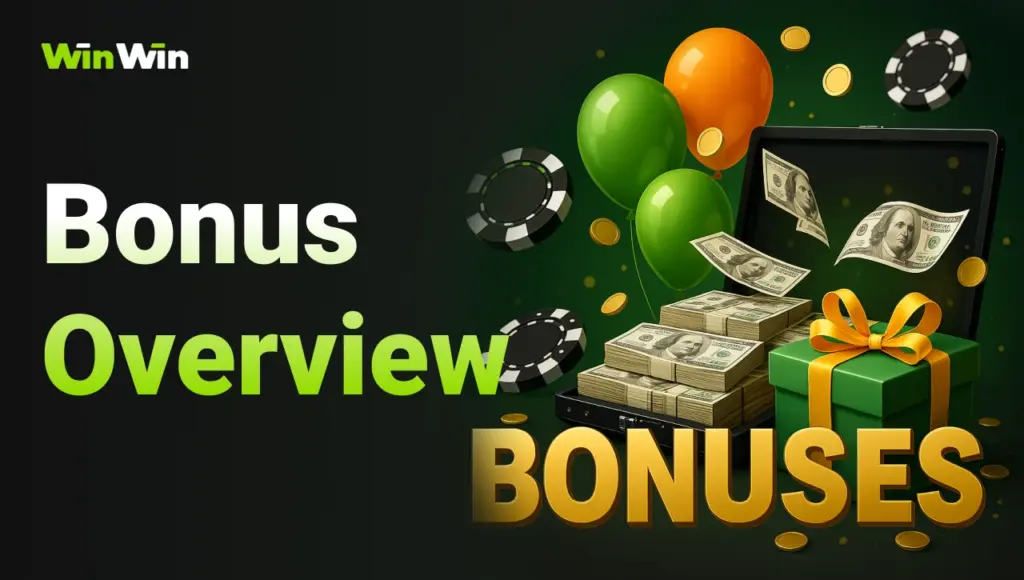 Suitcase with money, floating balloons, casino chips, and a gift box, black background with right-side green glow and gradient title “Bonus Overview” on the left.