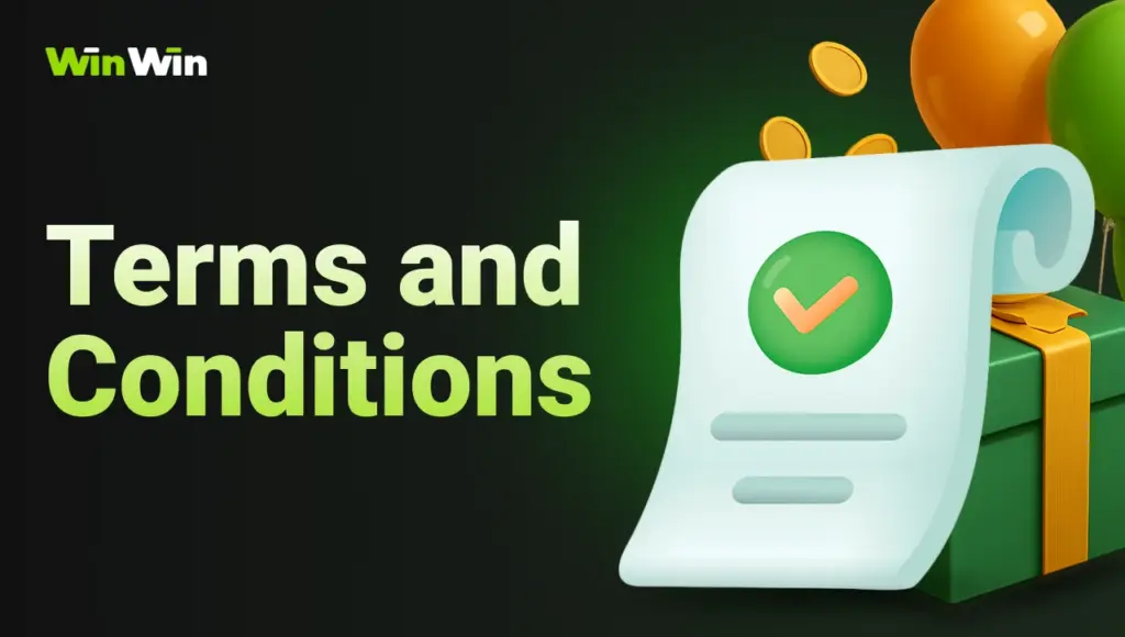 Green gift box with yellow ribbon, balloons and coins, in the foreground 3D icon of checklist document, black background with right-side green glow and gradient title “Terms and Conditions” on the left.