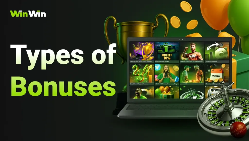 : Open laptop showing official WinWinBet website with bonuses, around it icons of trophy, roulette, gift box, balloons, and coins, black background with right-side green glow and gradient title “Types of Bonuses” on the left.