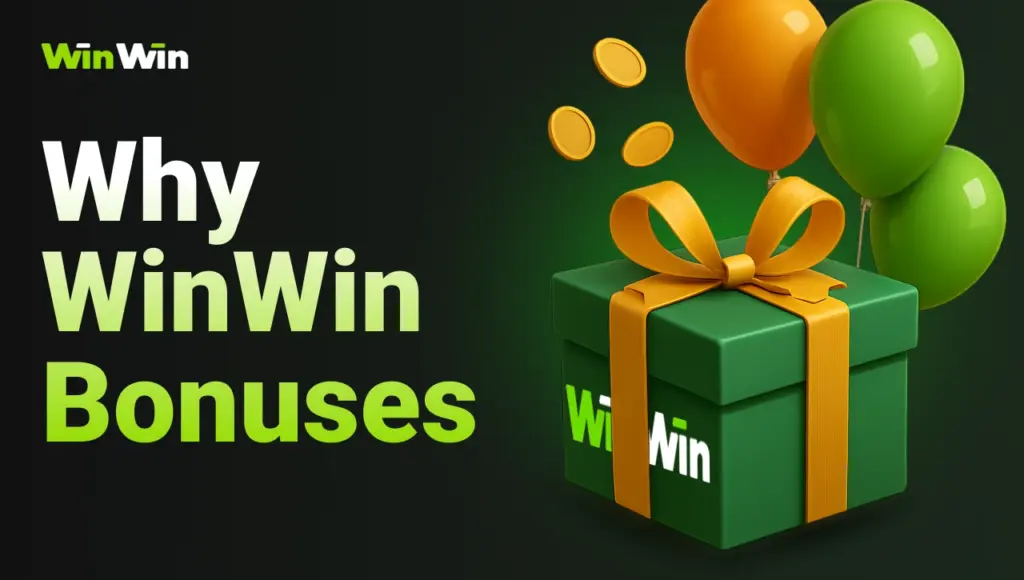 Green gift box with yellow ribbon, floating balloons and coins, black background with right-side green glow and gradient title “Why Use WinWin Bonuses” on the left.