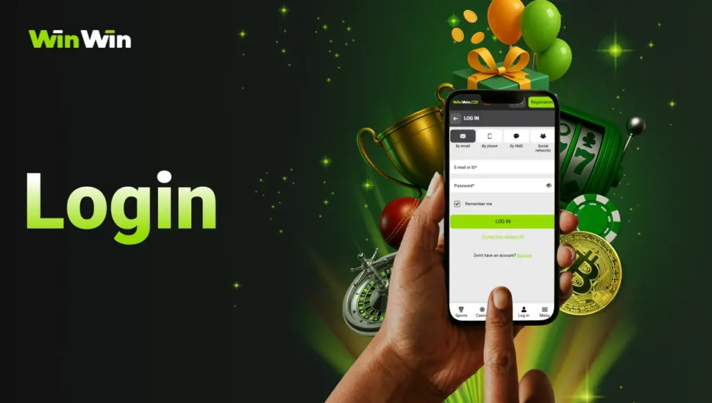 Black background with right-side green glow, gradient title “Login” on the left, hands holding a smartphone with login window open, behind it green glow with icons of trophy, slots, bitcoin, gift box, and balloons.