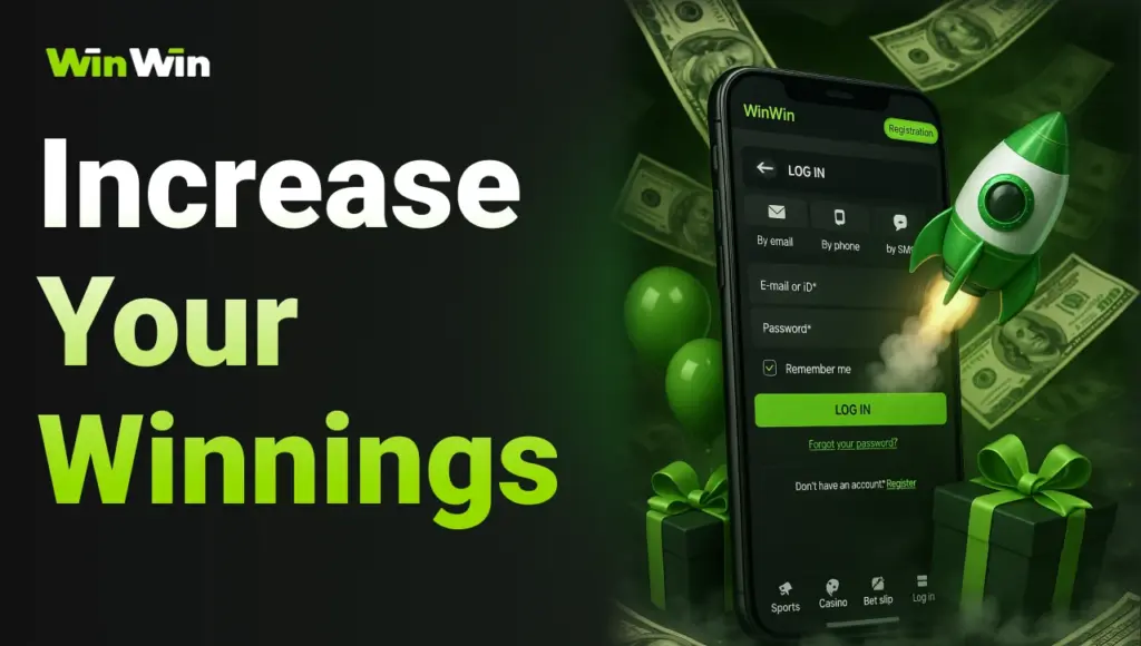 Black background with right-side green glow, gradient title “Increase Your Winnings” on the left, smartphone showing login window, from it launches a rocket, on sides gift boxes and balloons, behind the phone flying money.