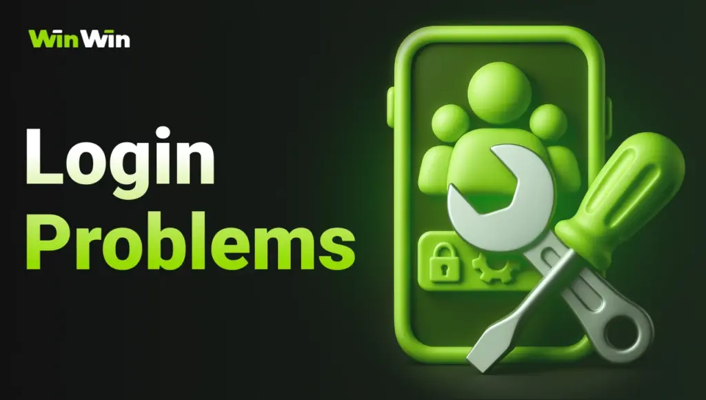 Black background with right-side green glow, gradient title “Login Problems” on the left, 3D smartphone icon showing login screen, in front screwdriver and wrench tools.