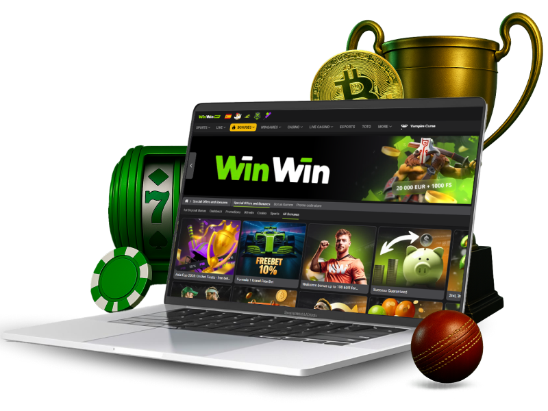 Open laptop showing the official WinWinBet website on the screen, behind the laptop 3D green icons of slot machine, bitcoin, golden trophy, and cricket ball.