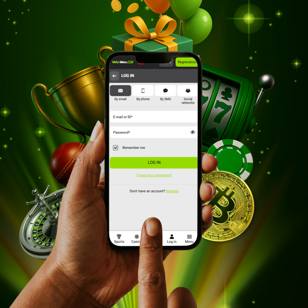 hands holding a smartphone with login window open, behind it green glow with icons of trophy, slots, bitcoin, gift box, and balloons