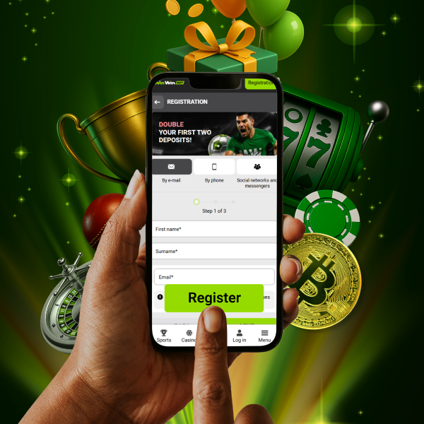 hands holding smartphone with registration window open, behind it glowing background with icons of trophy, slots, bitcoin, gift box, and balloons