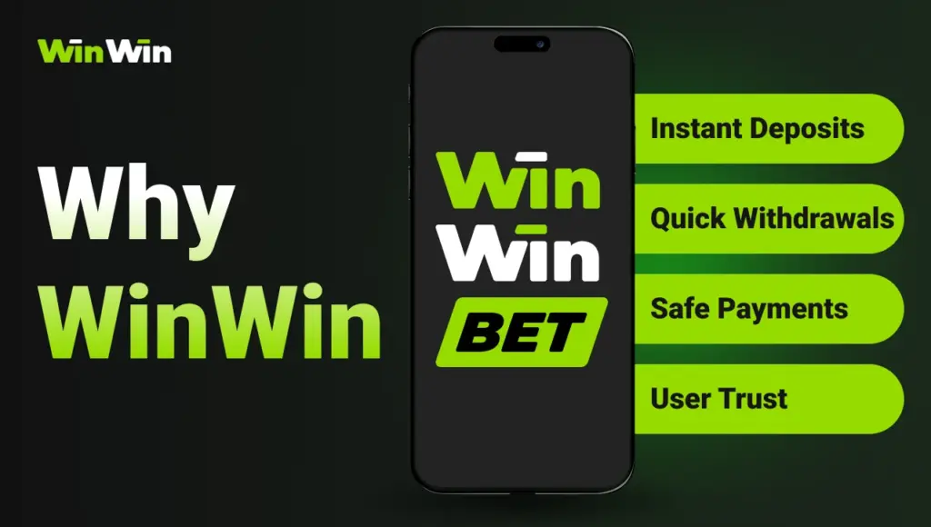 Black background with right-side green glow, gradient title “Why WinWin” on the left, smartphone with WinWin logo on screen, to the right cards showing benefits: Instant Deposits, Quick Withdrawals, Secure Transactions, User Trust.