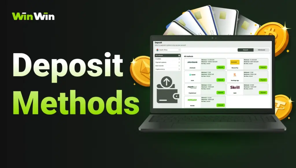 Black background with right-side green glow, gradient title “Deposit Methods” on the left, open laptop with official WinWin website deposits page, behind the laptop crypto coins and credit cards.