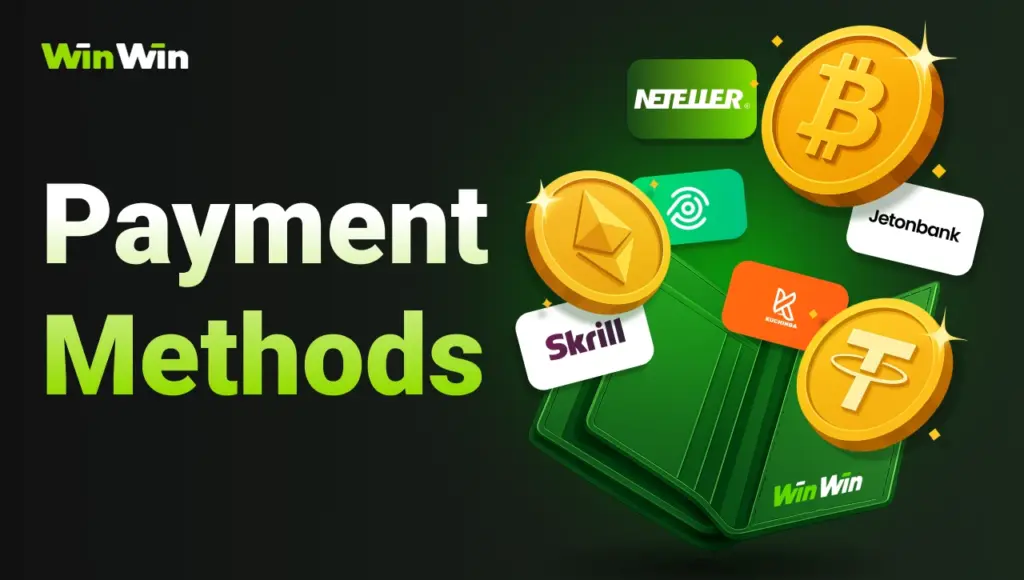 Black background with right-side green glow, gradient title “Payment Methods” on the left, open green wallet above which float cards Skrill, Neteller, Jetonbank, Kuchinga, Ozow, plus coins Bitcoin, Ethereum, and USDT.