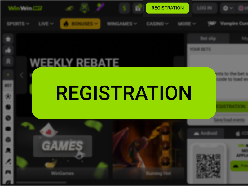 WinWinBet registration page with Registration button highlighted, step 1.