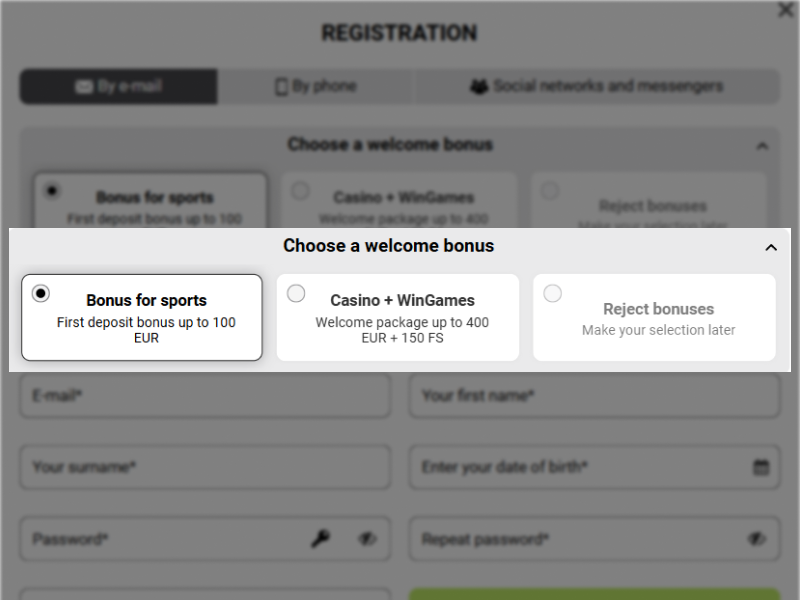Bonus selection screen for sports betting or online casino on WinWinBet registration form, step 3.