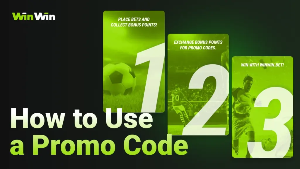 How to Use a Promo Code: Black background with right-side green glow, gradient title “How to Use a Promo Code” on the left, three green cards showing steps 1 to 3 for using the bonus.
