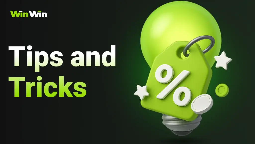 Tips and Tricks: Black background with right-side green glow, gradient title “Tips and Tricks” on the left, 3D green light bulb icon and 3D promo code icon.