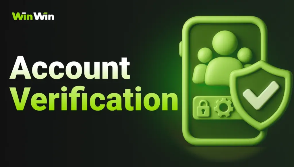 Black background with right-side green glow, gradient title “Account Verification” on the left, 3D smartphone icon showing login screen, in front a shield with checkmark