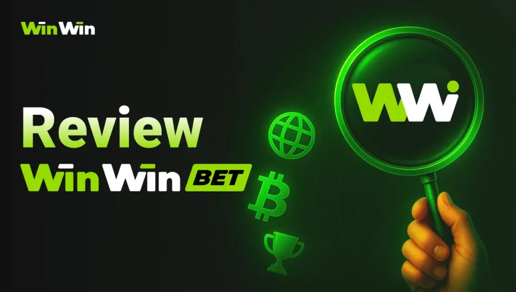 Green magnifying glass enlarging the WW logo, in front of it 3D icons of trophy, bitcoin, and globe, black background with right-side green glow and gradient title “Review WinWinBet” on the left.