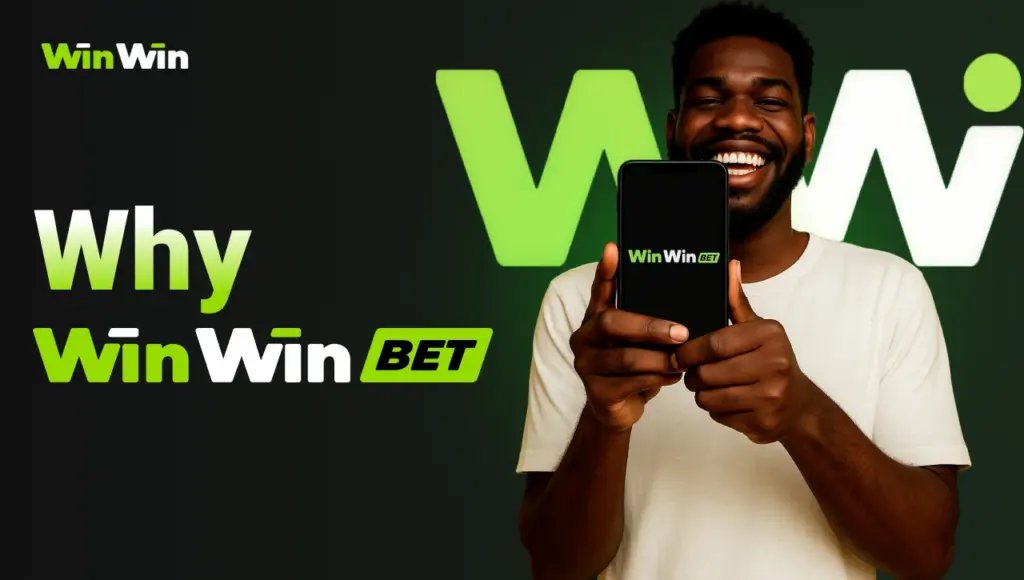 Dark-skinned smiling man holding a smartphone with WinWinBet logo on the screen, behind him large WW logo, black background with right-side green glow and gradient title “Why WinWinBet” on the left