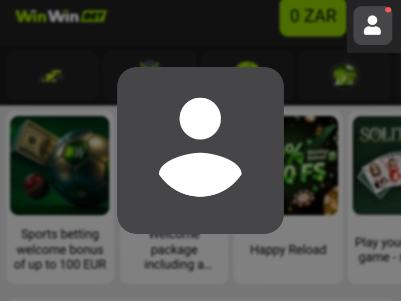 WinWin verification step showing user tapping profile icon in account menu after login, profile icon highlighted