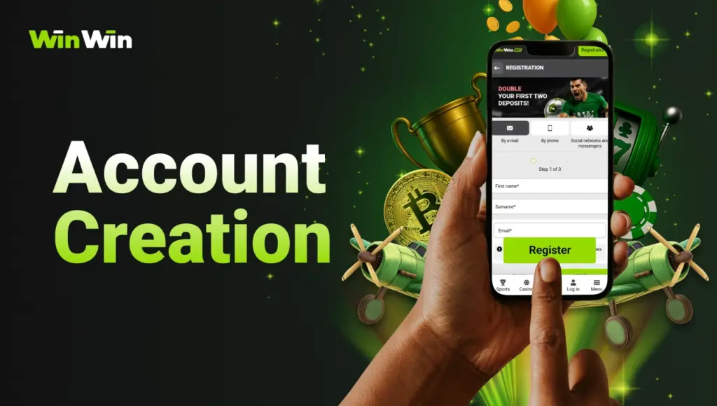 WinWin account creation image with smartphone registration screen and green interface on dark background with green gradient.