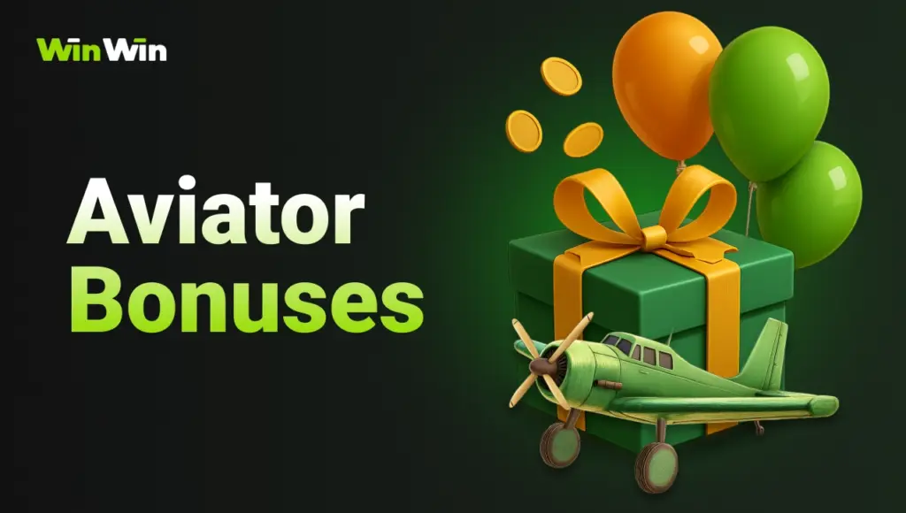 WinWin Aviator bonuses image featuring gift boxes and celebratory icons on dark background with green gradient.