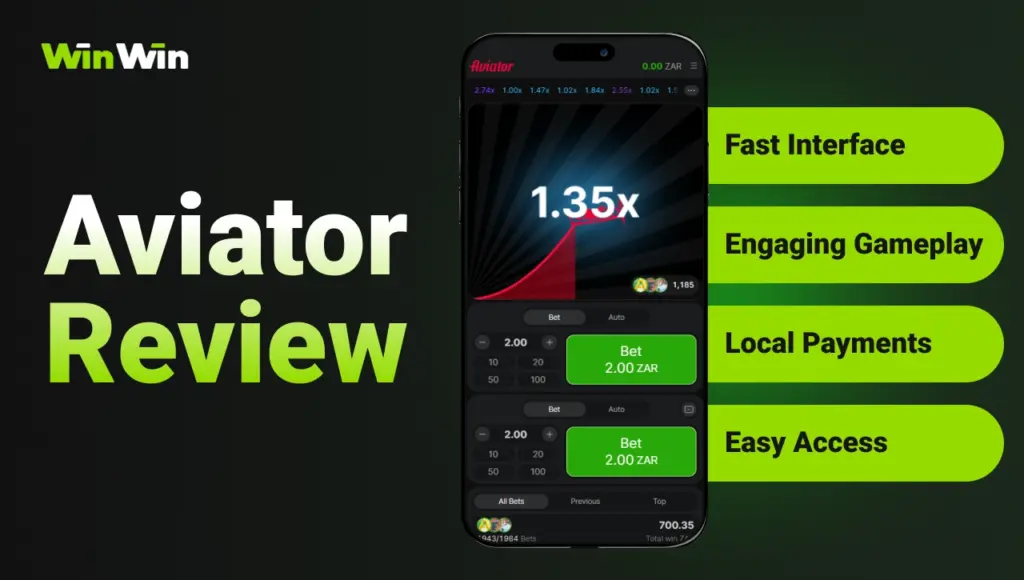 WinWin Aviator Review image showing smartphone with Aviator game interface and benefits list on dark background with green gradient.