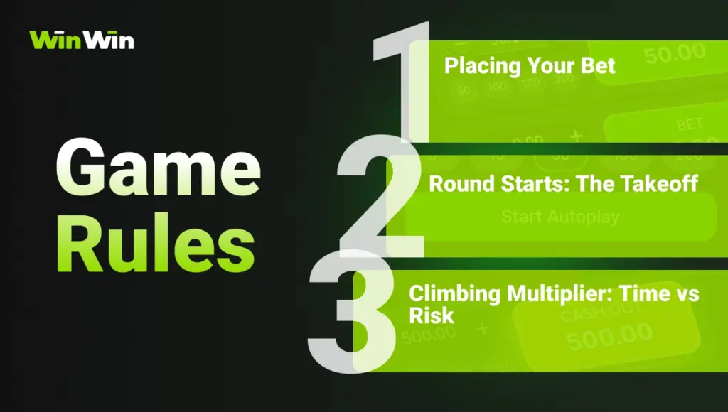 WinWin Aviator Game Rules graphic with step-by-step betting guide and numbered instructions on dark background with green gradient.