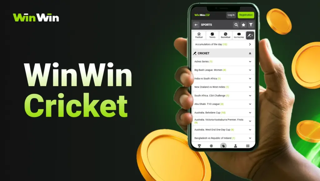 WinWin Cricket image with smartphone cricket betting screen and gold coins on dark background with green gradient.
