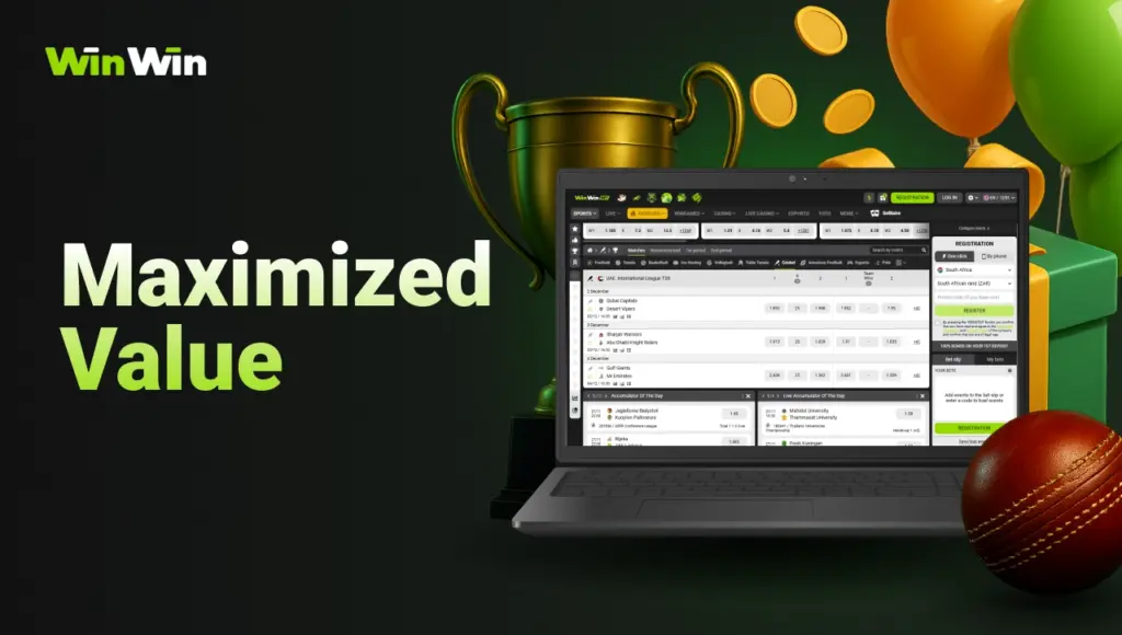 WinWin maximized value image showing betting dashboard with trophy and coins on dark background with green gradient.