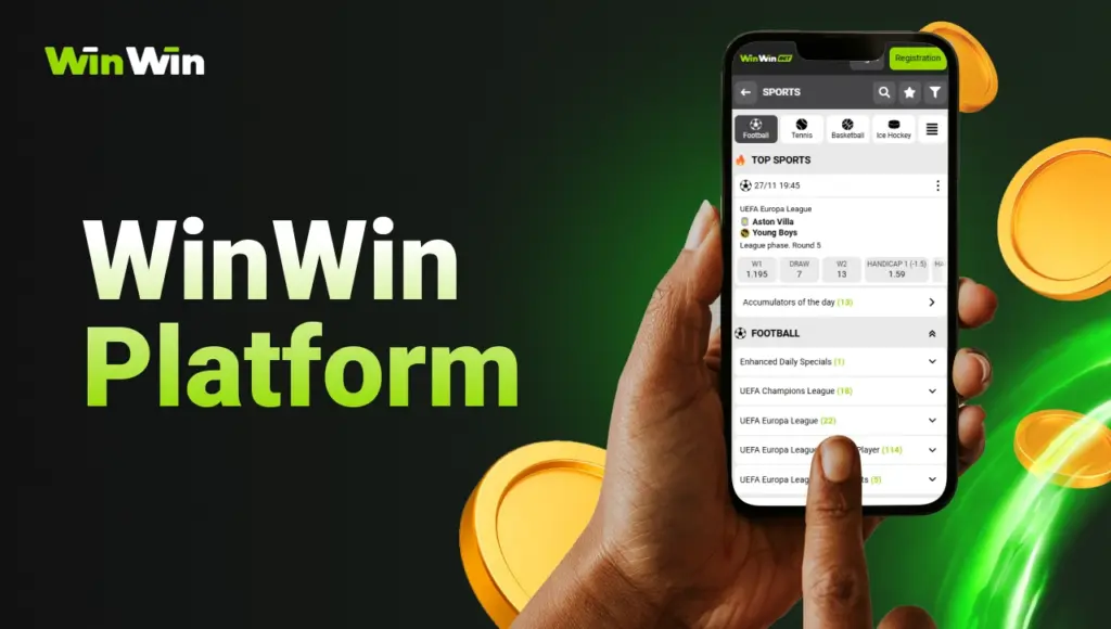 WinWin platform overview image showing smartphone with betting interface and coins on dark background with green gradient.
