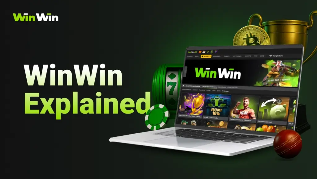 WinWin Explained image showing laptop with platform interface and betting elements on dark background with green gradient.