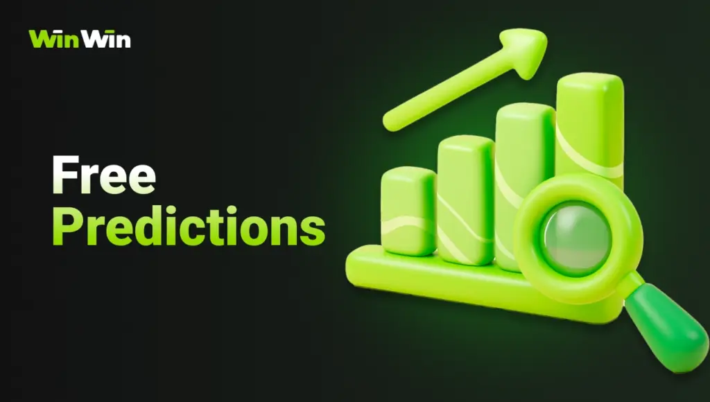 WinWin free predictions image with green 3D chart, magnifying glass, and analysis symbols on dark background with green gradient.