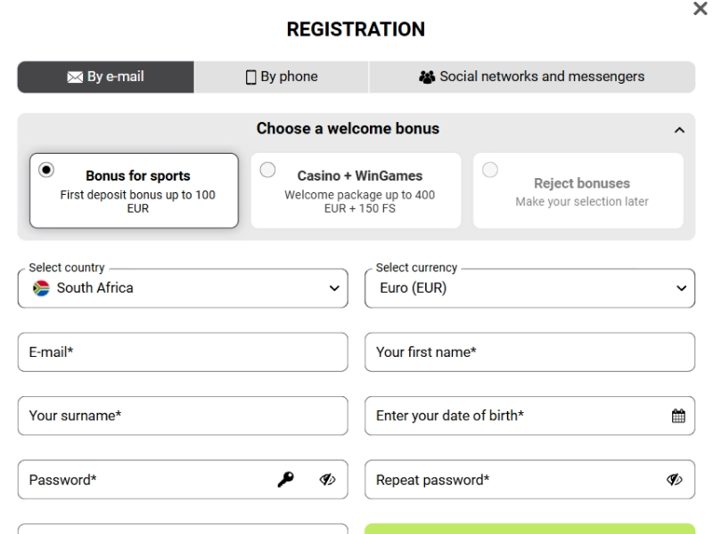 WinWin registration step showing registration form with fields for full name, date of birth, phone, address, and currency selection (ZAR) highlighted, username and password fields