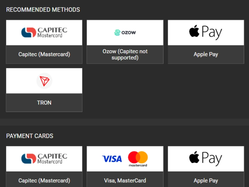WinWin deposit step showing cashier payment methods list