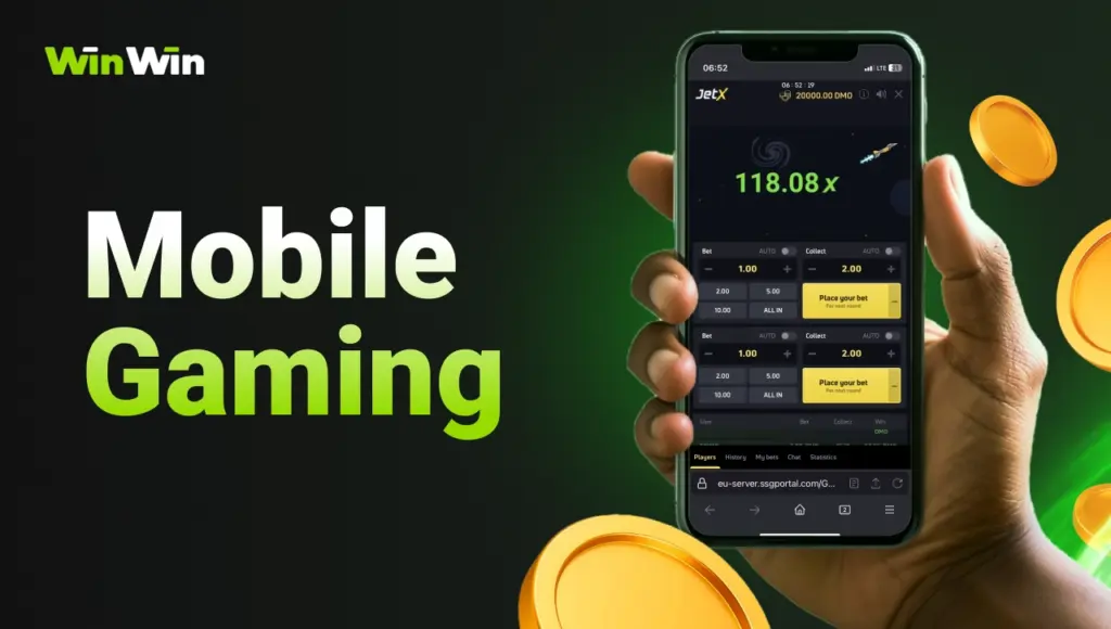 WinWin mobile gaming image displaying smartphone gameplay screen with coins on dark background with green gradient.