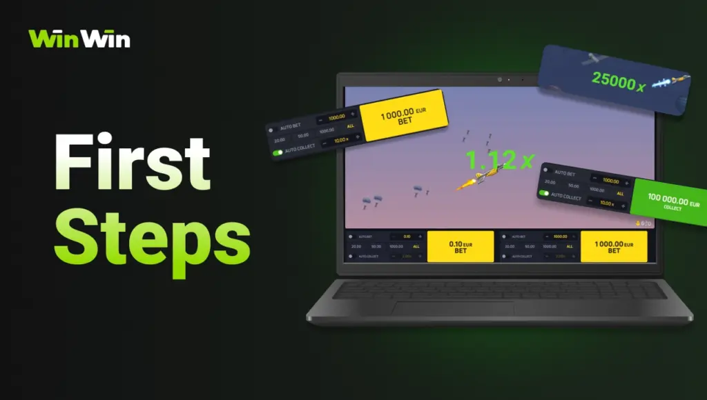 WinWin First Steps guide showing laptop with onboarding screens and beginner instructions on dark background with green gradient.