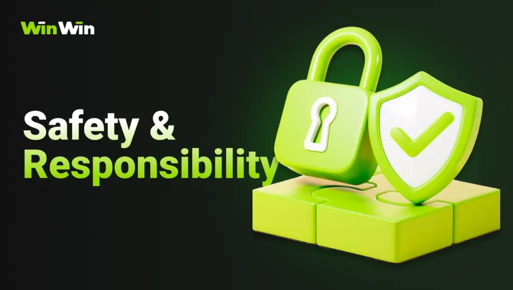 WinWin safety and responsibility image featuring green shield and lock icons on dark background with green gradient.