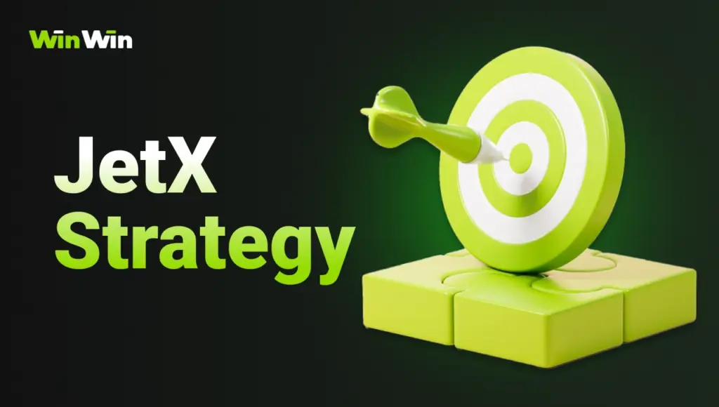 WinWin JetX Strategy image with green 3D target and arrow symbolizing winning tactics on dark background with green gradient.